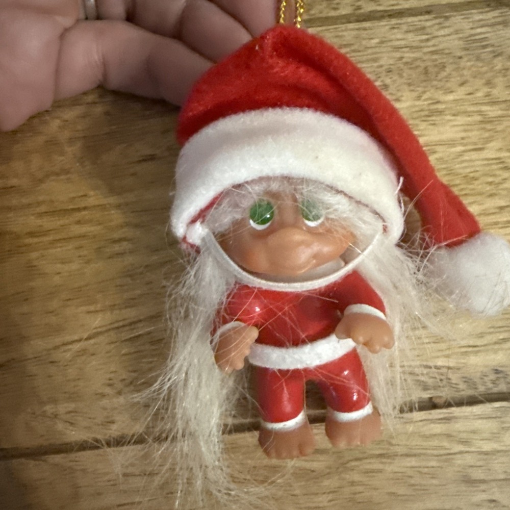 Vintage Norfin TH Dam Santa Christmas Troll Doll White Hair Green Eyes 3" 1990s